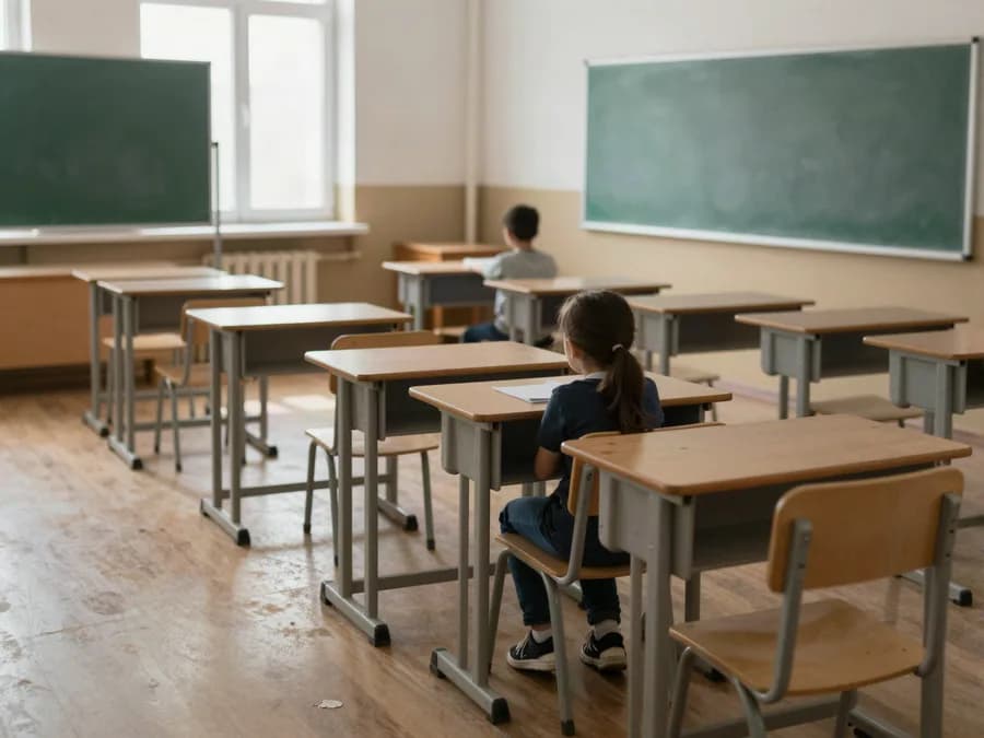 Skoro prazna učionica sa dvoje dece za klupama