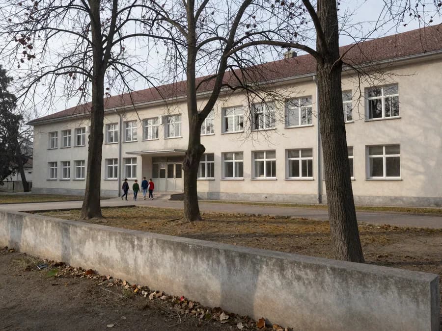 Zgrada osnovne škole sa dvorištem, deca ulaze na glavni ulaz